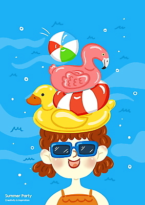 PSD 헤어스타일 여자 수영복 하늘색 일러스트 수영장 한명 상반신 성인 여름 선글라스 비치볼 튜브 오리튜브 성인여자한명만 플라밍고튜브 국내일러스트 1 옷 계절 안경 공 바캉스용품 사람 파란색 여자한명만 성인여자만 파일형식