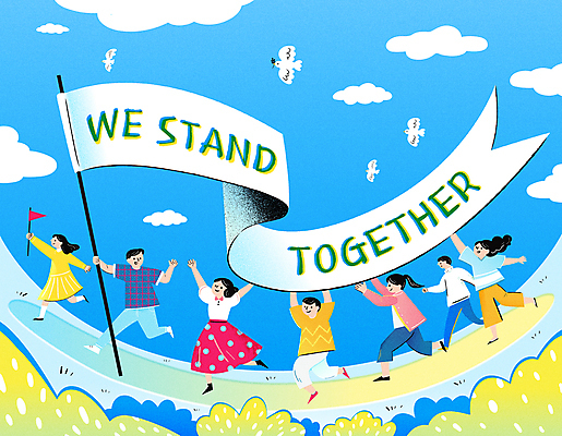 전신 구름 여자 남자 어린이 캠페인 하늘색 여러마리 일러스트 함께함 들기 소녀 여러명 성인 타이포그라피 평화 걷기 외침 깃발 사회이슈 비둘기 화합 시위 참여 시위대 국내일러스트 AI파일 자연요소 문자 다수 컨셉 모션 조류 사람 파란색 소리 파일형식 벡터