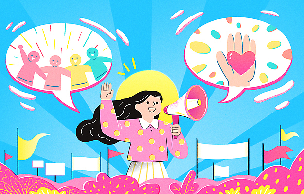 손 여자 캠페인 말풍선 일러스트 응원 어깨동무 사람모양 함께함 사랑 한명 들기 상반신 성인 신체부위 평화 확성기 외침 팻말 하트 깃발 사회이슈 화합 시위 참여 성인여자한명만 시위대 국내일러스트 AI파일 모양 1 감정 포즈 컨셉 모션 프레임 사람 소리 여자한명만 성인여자만 파일형식 벡터