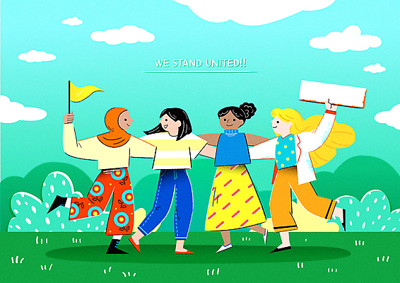 전신 외국인 백인 구름 여자 캠페인 흑인 일러스트 응원 어깨동무 함께함 서기 들기 동양인 여러명 성인 친구 글로벌 평화 팻말 깃발 사회이슈 화합 시위 인종차별 참여 히잡 성인여자만 양성평등 시위대 국내일러스트 AI파일 자연요소 서양인 포즈 다수 컨셉 관계 모션 프레임 사람 인종 이슬람문화 차별 평등 여자만 성인만 파일형식 벡터
