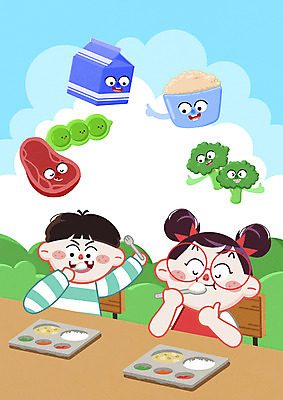 PSD 여자 남자 어린이 포크 일러스트 밥 육류 들기 소녀 소년 상반신 두명 눈감음 숟가락 우유 최고 브로콜리 완두콩 영양 급식 어린이만 국내일러스트 식기 음식 채소 식재료 모션 유제품 콩 수저 사람 파일형식