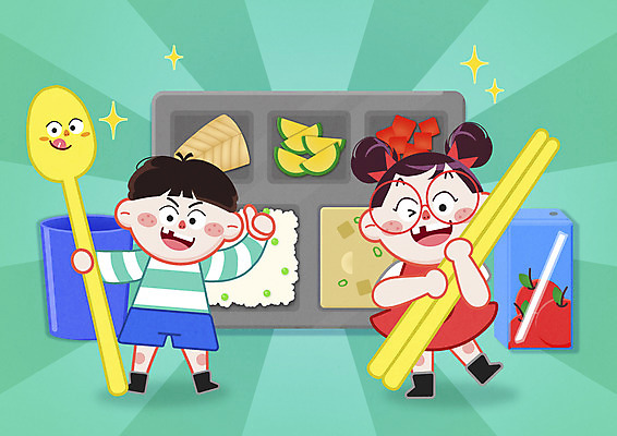 전신 PSD 여자 남자 어린이 일러스트 젓가락 밥 반찬 서기 들기 소녀 소년 두명 컵 초록색 숟가락 최고 국 영양 식판 급식 사과주스 어린이만 국내일러스트 식기 음식 컬러 모션 수저 사람 과일주스 파일형식