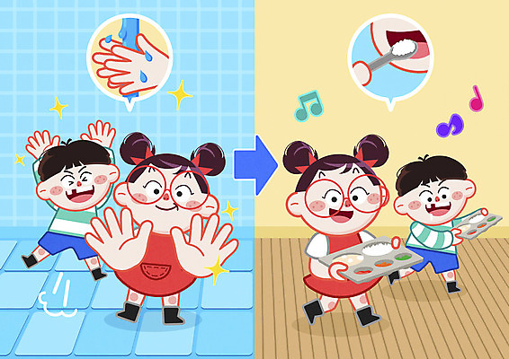 전신 PSD 손 여자 남자 화살표 어린이 말풍선 음표 일러스트 서기 들기 소녀 소년 여러명 신체부위 걷기 점프 청결 위생 먹기 화장실 보여주기 손씻기 식판 급식 어린이만 국내일러스트 기호 음악 다수 모션 사람 씻기 파일형식