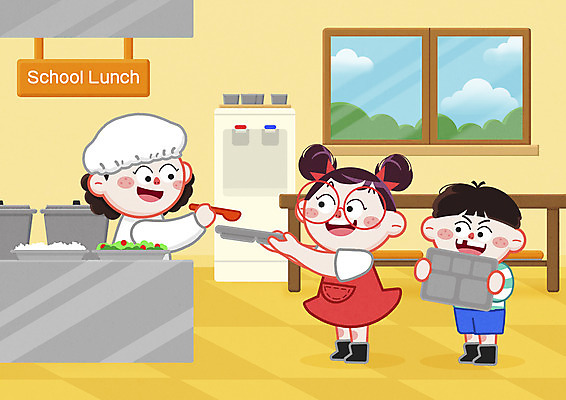 전신 PSD 여자 남자 어린이 일러스트 창문 탁자 서기 들기 소녀 소년 상반신 성인 세명 노란색 요리사 국자 식판 급식 급식소 배식 영양사 정수기 줄서기 국내일러스트 직업 컬러 가구 모션 주방용품 사람 파일형식