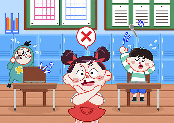 전신 PSD 여자 남자 어린이 일러스트 교실 들기 앉기 소녀 소년 상반신 세명 파란색 숟가락 금지 던지기 책상 식판 급식 식사예절 엄격한 어린이만 국내일러스트 교육 컬러 가구 학교 모션 수저 사람 예절 파일형식