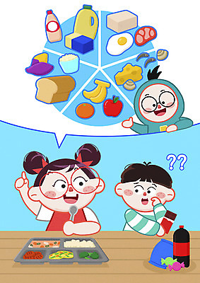 PSD 여자 남자 어린이 일러스트 식재료 사탕 들기 소녀 소년 상반신 세명 과자 초콜릿 숟가락 가리킴 콜라 영양 식판 급식 식습관 식습관개선 편식 어린이만 국내일러스트 모션 디저트 수저 사람 손짓 탄산음료 식생활 파일형식