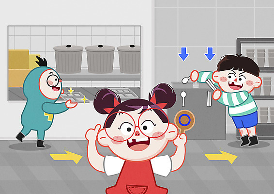 전신 PSD 식기 여자 남자 화살표 어린이 일러스트 수저 서기 들기 소녀 소년 상반신 세명 팻말 회색 식판 급식 급식소 어린이만 반납 국내일러스트 컬러 모션 프레임 사람 파일형식