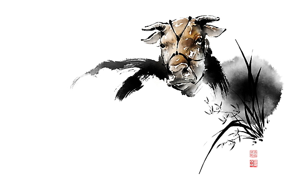 PSD 한마리 일러스트 캘리그라피 붓터치 사람없음 십이지신 소띠 난초 소 동양화 번짐 낙관 사군자 국내일러스트 식물 1 포유류 미술 파일형식 효과