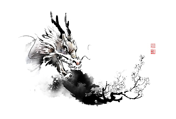 PSD 한마리 일러스트 캘리그라피 붓터치 뿔 사람없음 나뭇가지 용띠 십이지신 용 동양화 매화 번짐 낙관 사군자 국내일러스트 나무 1 꽃 미술 파일형식 효과