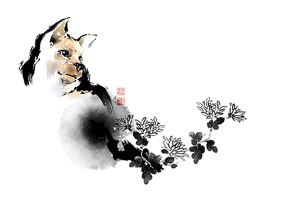 PSD 한마리 일러스트 캘리그라피 붓터치 국화 사람없음 나뭇가지 십이지신 개 개띠 동양화 번짐 낙관 사군자 국내일러스트 나무 1 꽃 포유류 미술 파일형식 효과