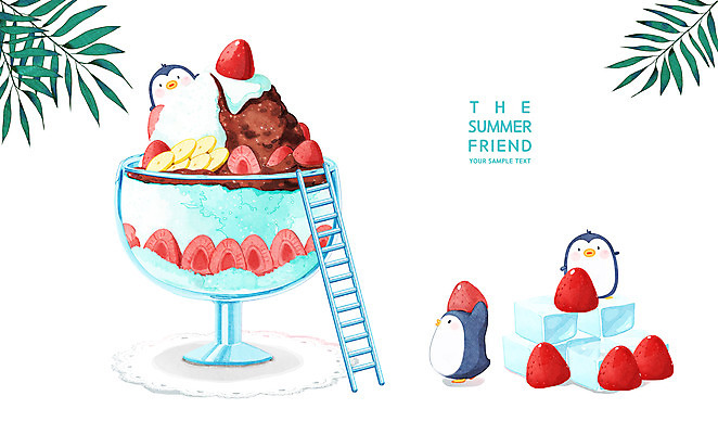 PSD 일러스트 사다리 딸기 여름음식 세마리 들기 사람없음 야자수 얼음 펭귄 팥빙수 야자수잎 제철음식 맛있는 국내일러스트 자연요소 나무 음식 잎 과일 모션 조류 3 도구 빙수 제철 파일형식 여름_계절
