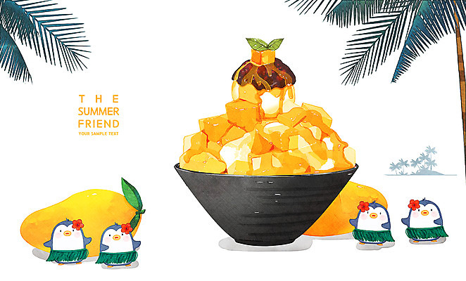 PSD 여러마리 일러스트 아이스크림 여름음식 사람없음 야자수 펭귄 망고 야자수잎 하와이안 망고빙수 맛있는 국내일러스트 나무 패션 음식 다수 잎 조류 디저트 열대과일 빙수 파일형식 여름_계절