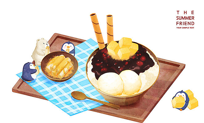 PSD 여러마리 일러스트 아이스크림 여름음식 사람없음 과자 숟가락 펭귄 북극곰 빙수 팥빙수 나무쟁반 막대과자 인절미 제철음식 맛있는 국내일러스트 음식 다수 곰 조류 디저트 떡 쟁반 수저 목재 제철 파일형식 여름_계절