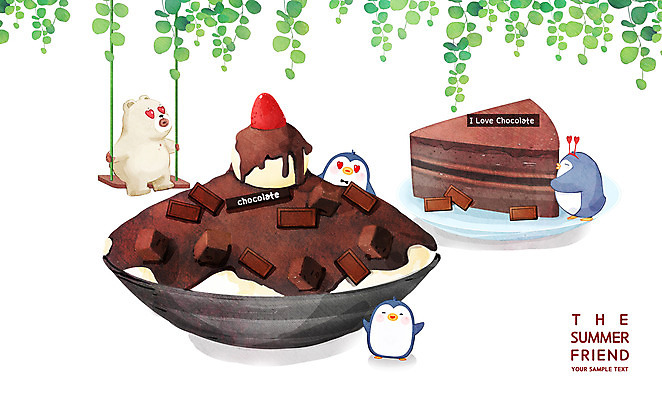 PSD 여러마리 일러스트 곰 딸기 여름음식 사람없음 초콜릿 그네 펭귄 북극곰 빙수 초코케이크 맛있는 국내일러스트 동물 음식 다수 과일 포유류 조류 디저트 케이크 파일형식 여름_계절