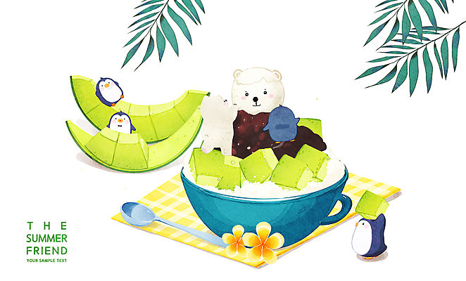 PSD 꽃 여러마리 일러스트 아이스크림 여름음식 들기 사람없음 숟가락 멜론 펭귄 빙수 팥 야자수잎 맛있는 국내일러스트 식물 음식 다수 잎 과일 모션 조류 디저트 수저 파일형식 여름_계절