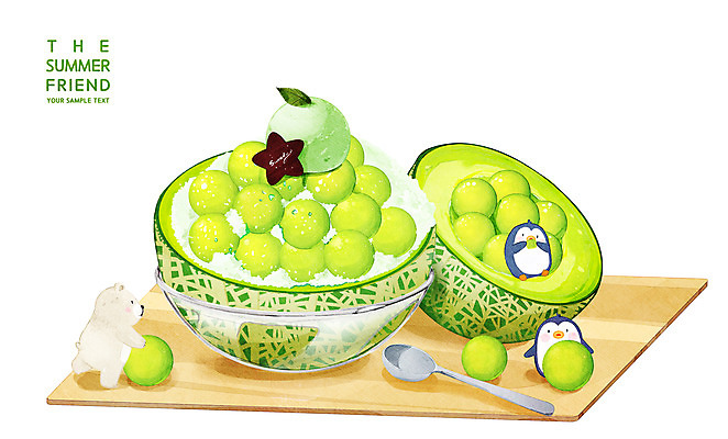 PSD 일러스트 여름음식 세마리 들기 사람없음 숟가락 멜론 먹기 북극곰 빙수 나무도마 맛있는 국내일러스트 음식 과일 곰 모션 디저트 도마 수저 3 목재 파일형식 여름_계절