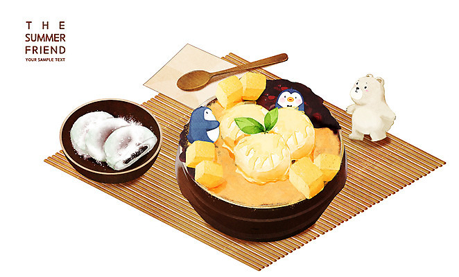 PSD 일러스트 아이스크림 여름음식 세마리 사람없음 펭귄 북극곰 빙수 팥빙수 나무숟가락 찹쌀떡 인절미 제철음식 맛있는 국내일러스트 음식 곰 조류 디저트 떡 3 숟가락 제철 파일형식 여름_계절