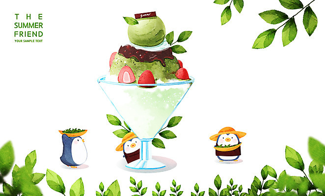 PSD 모자 일러스트 딸기 여름음식 세마리 들기 사람없음 바구니 초콜릿 펭귄 녹차잎 녹차빙수 맛있는 국내일러스트 잡화 음식 과일 모션 조류 디저트 3 녹차 빙수 찻잎 파일형식 여름_계절