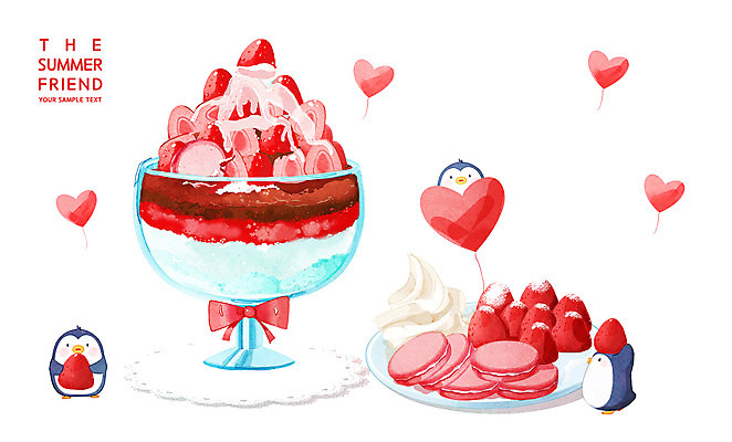 PSD 접시 일러스트 딸기 여름음식 세마리 들기 사람없음 하트 펭귄 빙수 하트풍선 마카롱 딸기빙수 맛있는 국내일러스트 모양 식기 음식 과일 모션 조류 디저트 3 풍선 파일형식 여름_계절