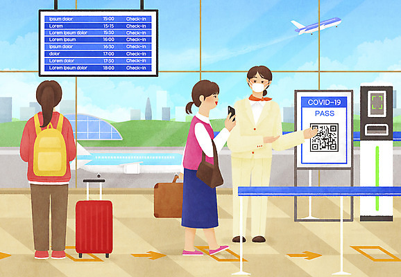 전신 PSD 여자 여행 일러스트 비행기 서기 들기 성인 세명 스마트폰 캐리어 여행가방 가리킴 공항 승무원 QR코드 키오스크 성인여자만 포스트코로나 전자출입명부 위드코로나 국내일러스트 직업 가방 항공교통 교통시설 모션 대중교통 사람 손짓 핸드폰 스마트기기 사회이슈 개인정보 여자만 성인만 파일형식 코로나바이러스
