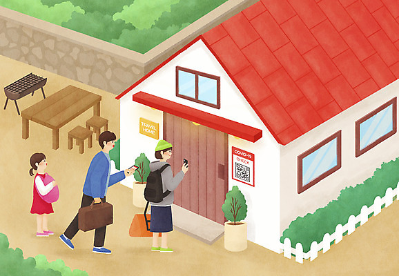 전신 PSD 여자 남자 딸 어린이 여행 일러스트 가족 탁자 숙소 엄마 가족여행 서기 들기 소녀 성인 세명 스마트폰 아빠 그릴 QR코드 포스트코로나 전자출입명부 위드코로나 국내일러스트 가구 관계 모션 주방용품 사람 핸드폰 스마트기기 사회이슈 개인정보 파일형식 코로나바이러스