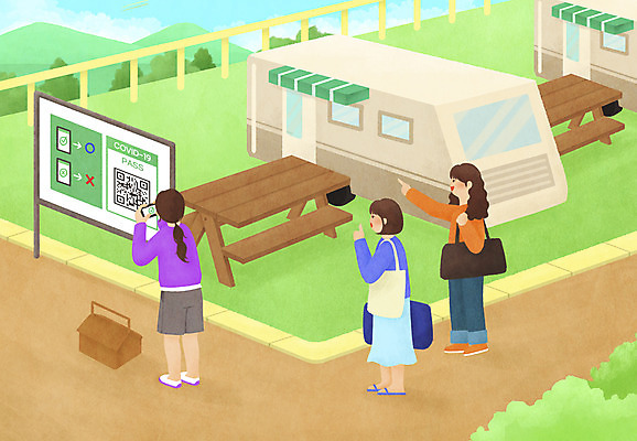 전신 PSD 여자 여행 일러스트 서기 들기 성인 세명 스마트폰 사진촬영 가리킴 캠핑장 QR코드 짐가방 카라반 피크닉테이블 성인여자만 포스트코로나 전자출입명부 전자증명 위드코로나 국내일러스트 가방 모션 탁자 사람 손짓 핸드폰 스마트기기 촬영 캠핑 사회이슈 캠핑카 개인정보 여자만 성인만 파일형식 코로나바이러스