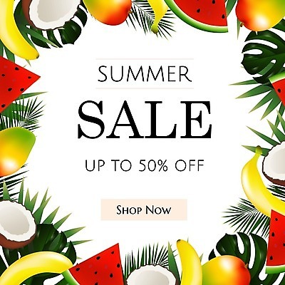 EPS 해외이미지 일러스트 수박 바나나 이벤트 사람없음 여름 세일 코코넛 망고 열대잎 여름쇼핑 해외202004 해외일러스트 계절 잎 과일 쇼핑 열대과일 파일형식 벡터 여름_계절