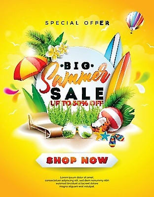EPS 해외이미지 꽃 일러스트 이벤트 타이포그라피 사람없음 노란색 세일 열기구 파라솔 서핑보드 비치볼 선베드 코코넛 열대잎 파라다이스 여름쇼핑 해외202004 해외일러스트 식물 문자 컬러 잎 의자 과일 공 항공교통 바캉스용품 쇼핑 보드_스포츠 파일형식 벡터 여름_계절