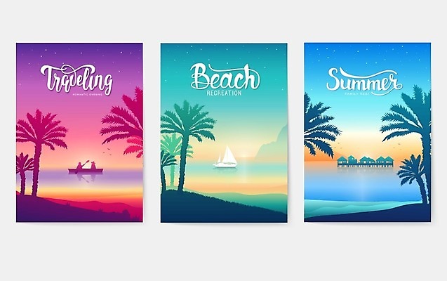 EPS 해외이미지 일러스트 타이포그라피 사람없음 여름 세트 야자수 일출 돛단배 수상가옥 돗단배 조각배 해외202004 해외일러스트 나무 문자 계절 배_교통 주택 노을 파일형식 벡터