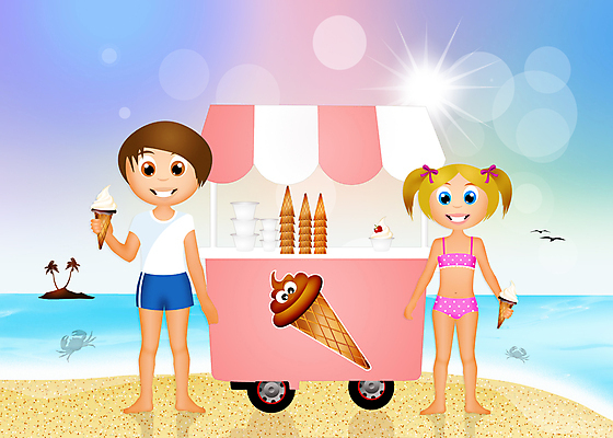JPG 해외이미지 전신 여자 남자 수영복 어린이 바다 섬 일러스트 서기 들기 소녀 소년 해변 두명 여름 태양 콘아이스크림 아이스크림차 어린이만 해외202004 해외포토 포토 자연요소 옷 계절 모션 아이스크림 사람 특수차량 아이스크림장사 파일형식