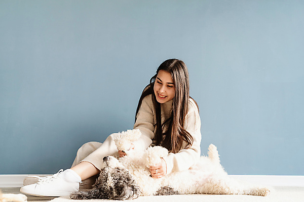 포토 JPG 해외이미지 전신 백인 한마리 응시 여자 놀이 주택 실내 한명 앉기 성인 앞모습 카펫 잡기 강아지 성인여자한명만 믹스견 해외포토 서양인 1 시선 뷰포인트 모션 사람 내부 건물 반려동물 개 여자한명만 성인여자만 파일형식