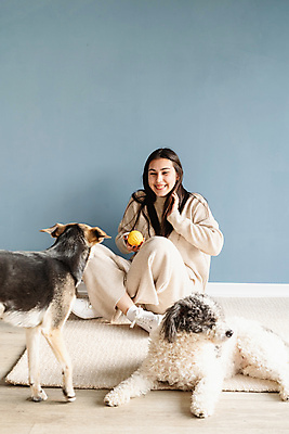 포토 JPG 해외이미지 전신 백인 응시 여자 두마리 공 놀이 주택 실내 한명 들기 앉기 성인 앞모습 카펫 강아지 성인여자한명만 믹스견 해외포토 서양인 1 시선 뷰포인트 2 모션 사람 내부 건물 반려동물 개 여자한명만 성인여자만 파일형식