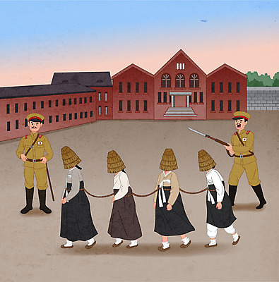 전신 여자 남자 밧줄 일러스트 서기 들기 여러명 성인 걷기 총 한복 위협 독립운동 일본군 체포 포박 성인만 서대문형무소 일제강점기 국내일러스트 AI파일 한국전통 무기 줄 다수 모션 한국 사람 역사 전통의상 묶기 파일형식 벡터