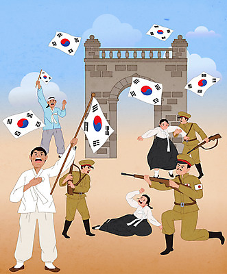 전신 여자 남자 일러스트 들기 여러명 성인 잡기 태극기 한복 위협 소총 독립문 독립운동 독립운동가 일본군 총쏘기 성인만 만세운동 일제강점기 국내일러스트 AI파일 한국전통 다수 모션 사람 총 역사 국기 전통의상 파일형식 벡터