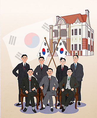 전신 남자 허리손 의자 일러스트 앉기 정장 여러명 성인 건물 태극기 독립운동 독립운동가 성인남자만 대한민국임시정부수립기념일 일제강점기 국내일러스트 AI파일 건축물 옷 포즈 가구 다수 모션 사람 역사 국기 남자만 성인만 파일형식 벡터 법정기념일