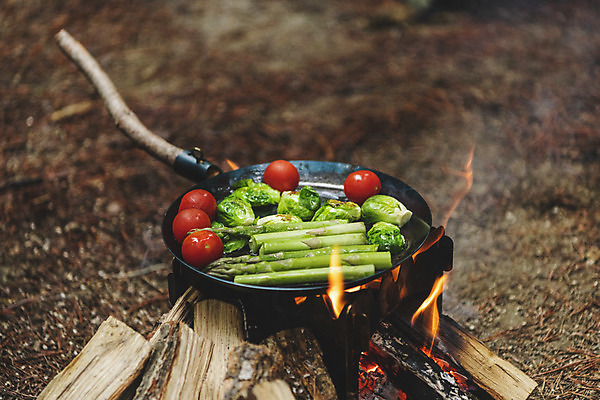 포토 JPG 주간 방울토마토 요리 취미 사람없음 야외 캠핑 프라이팬 모닥불 굽기 아스파라거스 방울양배추 국내포토 자연요소 토마토 채소 주방용품 불 레저 구이 양배추 파일형식