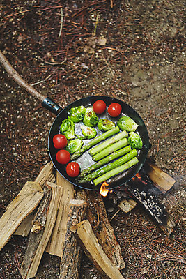 포토 JPG 주간 방울토마토 요리 취미 사람없음 야외 하이앵글 캠핑 프라이팬 장작 모닥불 굽기 아스파라거스 방울양배추 국내포토 자연요소 뷰포인트 토마토 채소 주방용품 불 레저 구이 양배추 파일형식