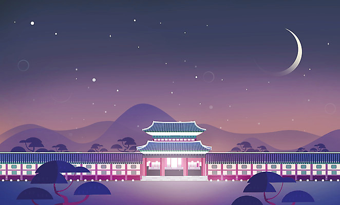PSD 한국전통 야경 일러스트 밤하늘 산 한옥 사람없음 보라색 궁전 소나무 야간 초승달 국내일러스트 자연요소 나무 전통 컬러 고건축 하늘 한국 달 파일형식 풍경_경치