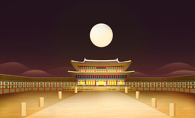 PSD 한국전통 야경 일러스트 밤하늘 한옥 사람없음 궁전 보름달 야간 국내일러스트 자연요소 전통 고건축 하늘 한국 달 파일형식 풍경_경치