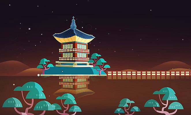 PSD 한국전통 별 야경 일러스트 밤하늘 한옥 사람없음 궁전 소나무 야간 가교 국내일러스트 자연요소 나무 전통 건축물 고건축 하늘 한국 파일형식 풍경_경치