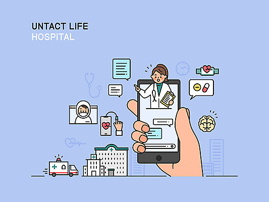 손 여자 남자 일러스트 병원 들기 상반신 성인 두명 건물 신체부위 파란색 스마트폰 알약 의사 가리킴 맥박 구급차 뇌 맥박측정 서류판 채팅 원격의료 성인만 코로나바이러스 방역복 사회적거리두기 비대면서비스 언택트 온택트 국내일러스트 AI파일 건축물 옷 캠페인 컬러 의학 모션 자동차 사람 손짓 핸드폰 스마트기기 약 사무용품 진료 의료진 바이러스 측정 서비스 방역 원격 파일형식 벡터