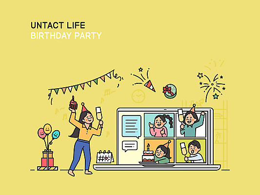 전신 여자 남자 일러스트 폭죽 서기 들기 여러명 상반신 성인 친구 선물상자 노트북 노란색 최고 생일파티 생일 샴페인 생일케이크 즐거움 샴페인잔 생일축하 풍선 가랜드 영상통화 채팅 화상통화 성인만 코로나바이러스 사회적거리두기 언택트 온택트 온라인파티 국내일러스트 AI파일 기념일 감정 캠페인 컬러 다수 술잔 관계 모션 주류 선물 사람 전자제품 상자 케이크 축하 바이러스 파티용품 통화 파일형식 벡터