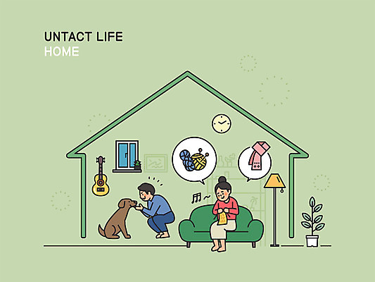 전신 한마리 여자 남자 화분 반려견 일러스트 창문 앉기 성인 취미 두명 초록색 소파 기타 스탠드 뜨개질 강아지 웅크림 놀기 목도리짜기 반려 성인만 집모양 코로나바이러스 사회적거리두기 집콕 언택트 온택트 국내일러스트 AI파일 모양 1 캠페인 컬러 의자 모션 현악기 조명 사람 반려동물 바이러스 개 신조어 파일형식 벡터 앳홈라이프