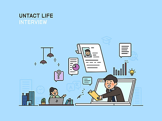 여자 남자 하늘색 일러스트 비즈니스 조명 상반신 성인 세명 노트북 구직 비즈니스맨 비즈니스우먼 질문 전달 취업준비생 이력서 면접관 자기소개서 성인만 코로나바이러스 사회적거리두기 비대면면접 비대면채용 언택트 온택트 국내일러스트 AI파일 캠페인 컨셉 사람 파란색 전자제품 직장인 바이러스 면접 자기소개 채용 파일형식 벡터
