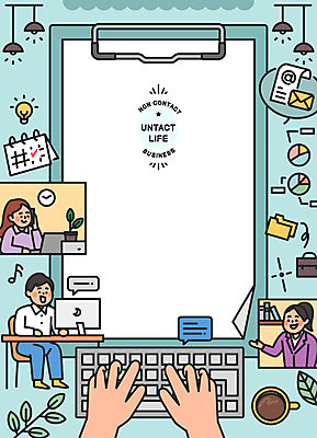 전신 손 여자 남자 일러스트 조명 프레임 앉기 상반신 성인 신체부위 세명 노트북 모니터 타이핑 키보드 업무 비즈니스맨 비즈니스우먼 커피잔 통화 재택근무 민트색 서류판 화상통화 성인만 코로나바이러스 사회적거리두기 언택트 온택트 국내일러스트 AI파일 커피 캠페인 컬러 비즈니스 모션 잔 사람 전자제품 컴퓨터 사무용품 작업 직장인 바이러스 파일형식 벡터