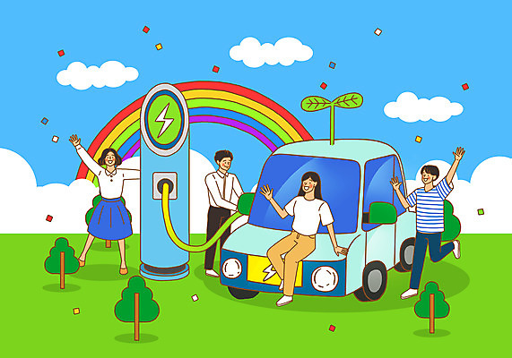 전신 PSD 나무 구름 여자 남자 하늘색 무지개 일러스트 서기 앉기 여러명 성인 초록색 새싹 만세 그린에너지 친환경 손인사 꽃가루 환영 전기자동차 충전기 충전소 성인만 국내일러스트 자연요소 식물 컬러 다수 모션 자동차 사람 파란색 환경 기계 에너지 인사 가루 충전 파일형식