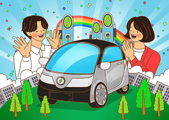 PSD 나무 구름 여자 남자 하늘색 무지개 일러스트 상반신 성인 두명 건물 초록색 빛 그린에너지 박수 친환경 꽃가루 전기자동차 충전소 성인만 국내일러스트 자연요소 식물 건축물 컬러 자동차 사람 손짓 파란색 환경 에너지 가루 충전 파일형식