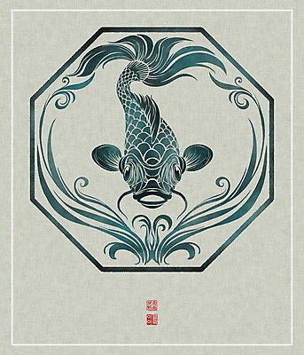 PSD 한마리 물결 일러스트 캘리그라피 붓터치 사람없음 전통문양 동양화 한지 번짐 낙관 잉어 팔각형 국내일러스트 도형 1 전통 문양 종이 어류 미술 파일형식 효과