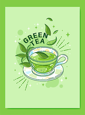일러스트 타이포그라피 사람없음 초록색 찻잔 녹차 컵받침 녹차잎 국내일러스트 AI파일 문자 컬러 잔 차_음료 받침대 찻잎 파일형식 벡터