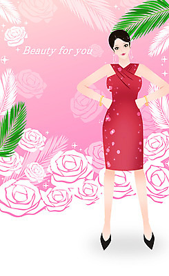 전신 드레스 여자 허리손 포즈 일러스트 한명 서기 미소 성인 타이포그라피 뷰티 장미 야자수잎 의료성형뷰티 성인여자한명만 국내일러스트 AI파일 문자 1 옷 꽃 잎 모션 표정 사람 여자한명만 성인여자만 파일형식 벡터